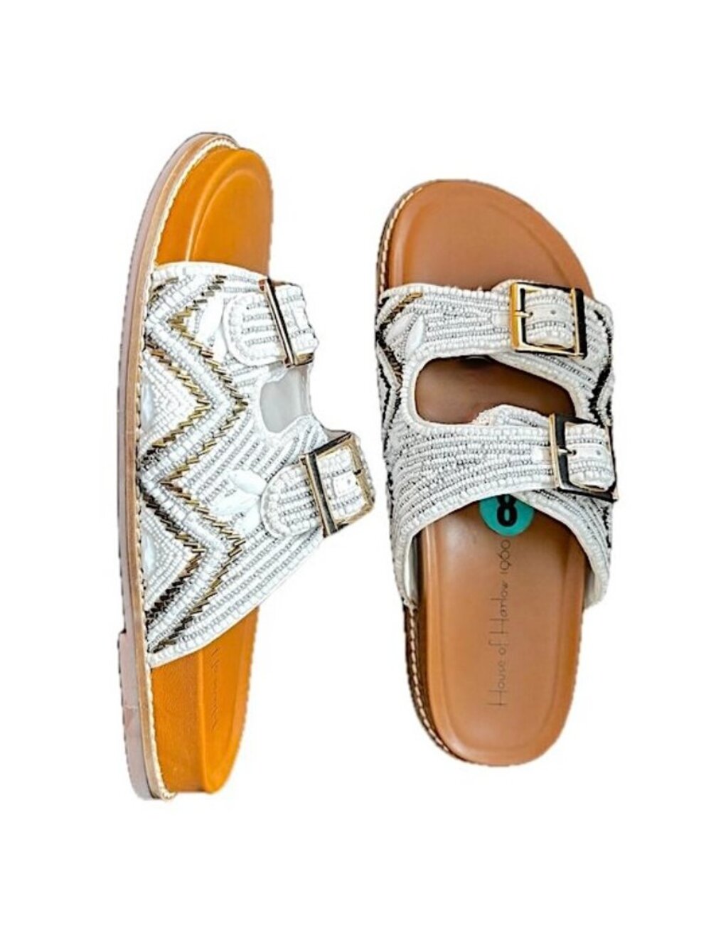 House of Harlow Beaded Flat Sandal Double Buckle White Shimmer Gold Sz 8 NEW